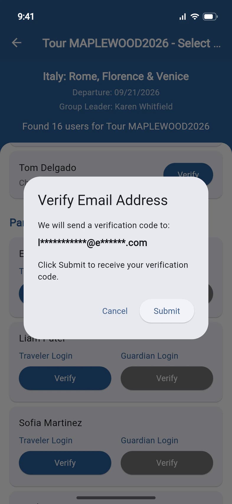 A Verify Email Address box: we will send a verification code to a partly hidden email address, with Cancel and Submit