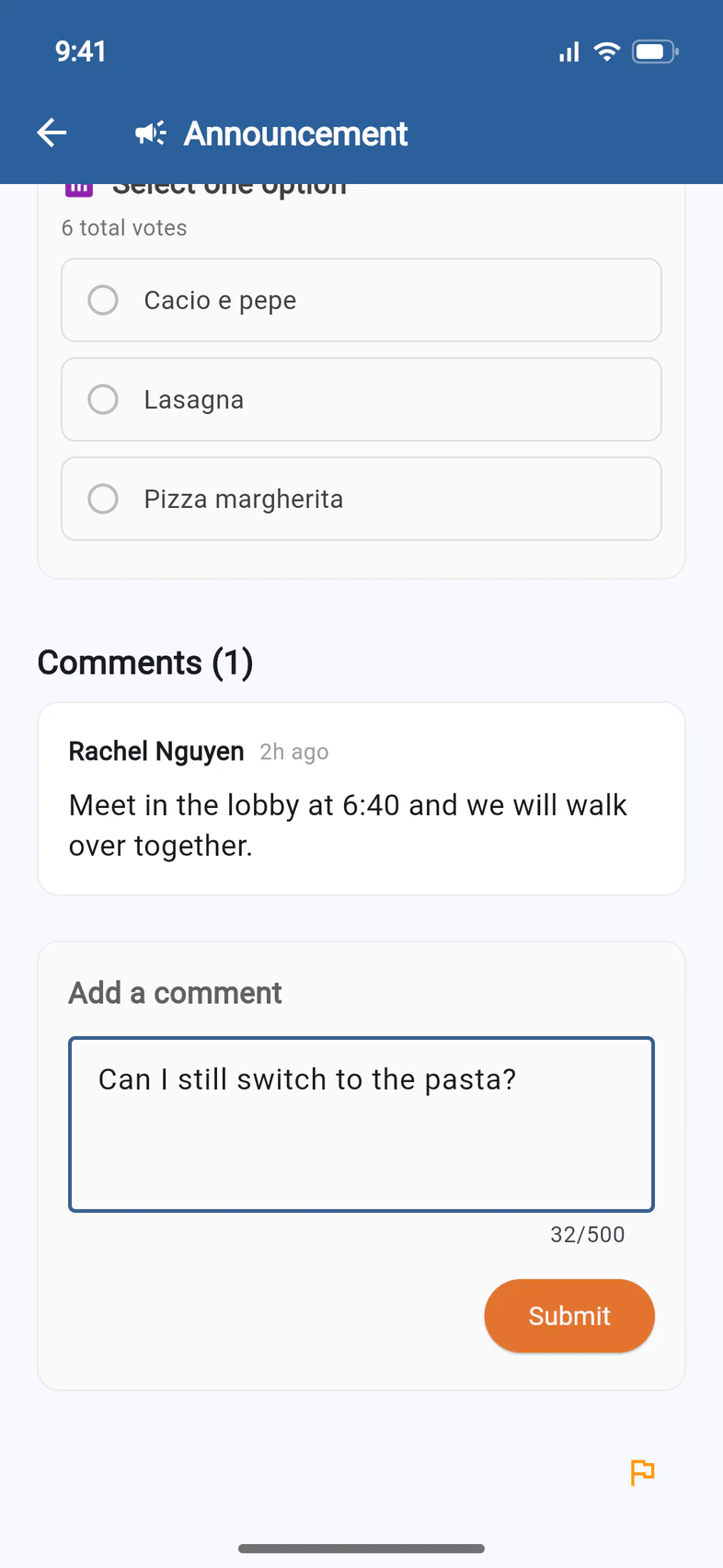 Comments (1): Rachel Nguyen, meet in the lobby at 6:40; Add a comment with a question typed, and Submit