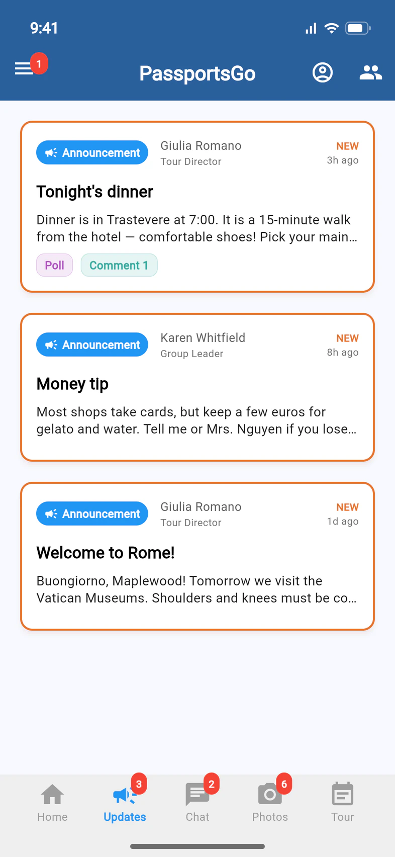 The Updates tab: Tonight's dinner from the Tour Director with Poll and Comment tags, Money tip from the group leader and Welcome to Rome!, each marked NEW