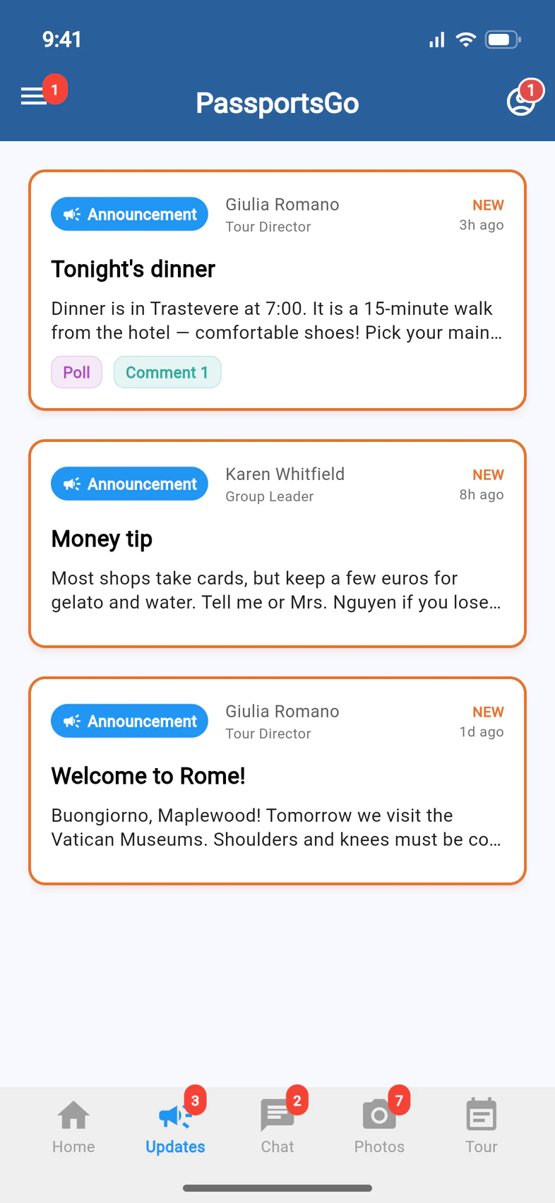 The Updates tab: Tonight's dinner from the Tour Director with Poll and Comment tags, Money tip from the group leader and Welcome to Rome!, each marked NEW