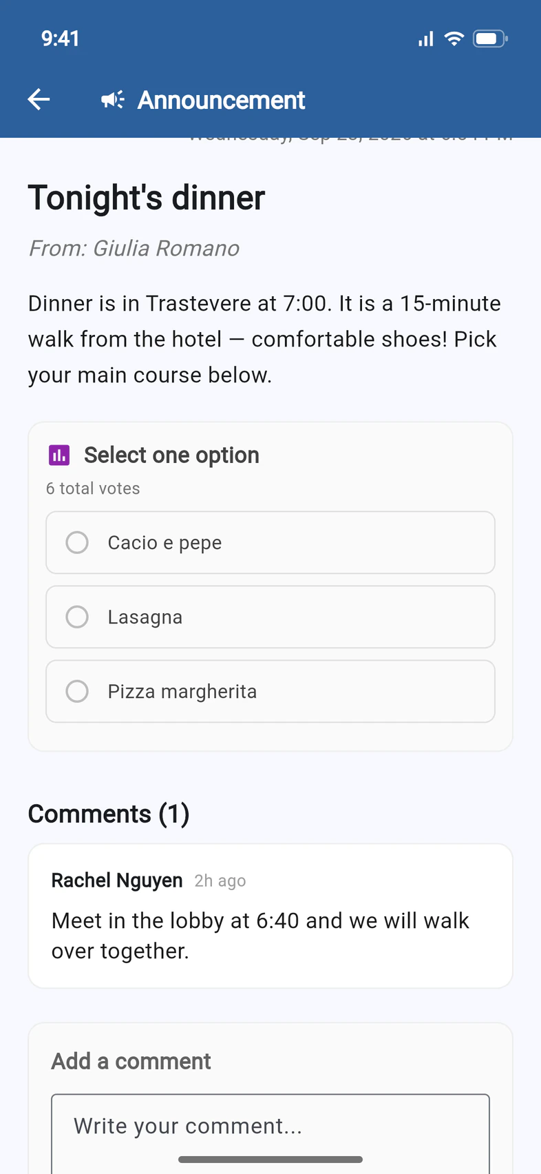 Tonight's dinner: pick your main course below, with a poll: Select one option, 6 total votes, Cacio e pepe, Lasagna, Pizza margherita