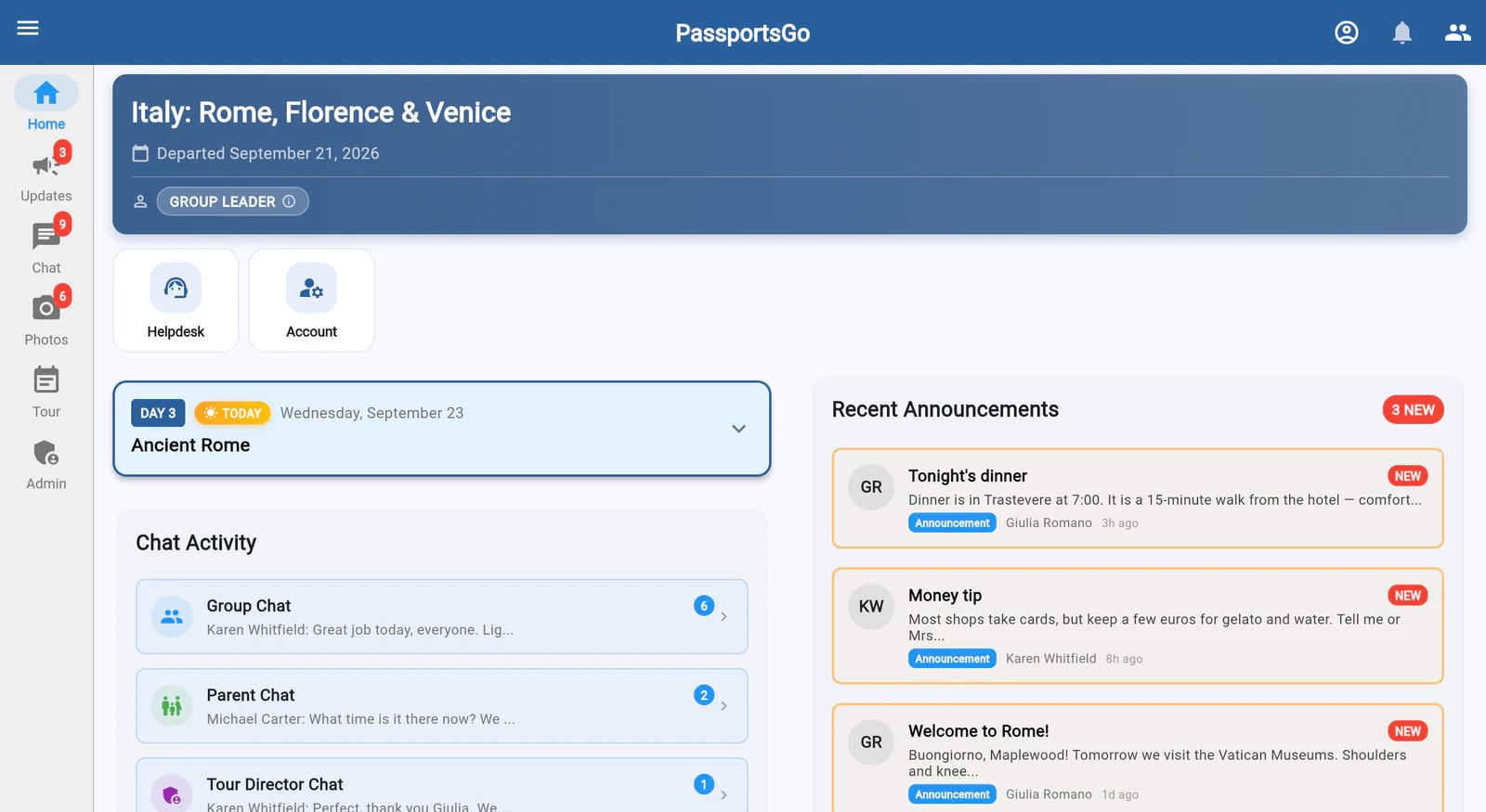 PassportsGo in a web browser at go.passports.com: tabs down the left side, the tour card, today's plan, chat activity and recent announcements side by side