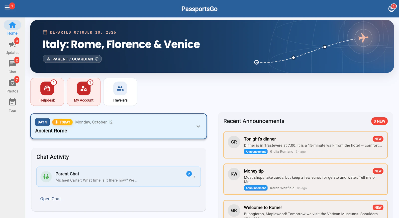 PassportsGo in a web browser at passportsgo.com: tabs down the left side, the tour card, today's plan and recent announcements side by side