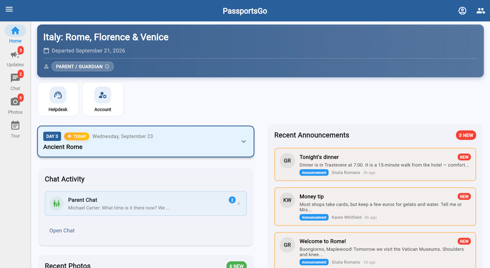 PassportsGo in a web browser at go.passports.com: tabs down the left side, the tour card, today's plan and recent announcements side by side