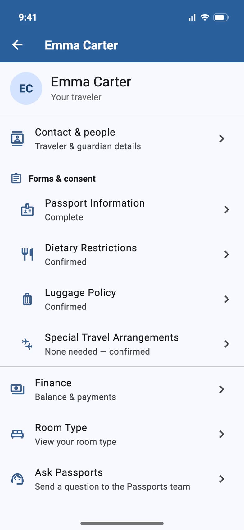 Emma Carter's account page: Contact & people, Forms & consent (Passport Information, Dietary Restrictions, Luggage Policy, Special Travel Arrangements), Finance, Room Type and Ask Passports
