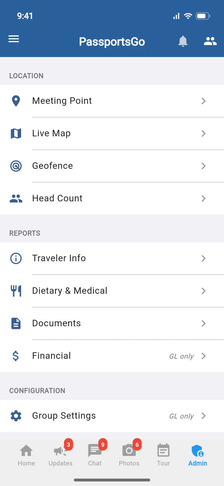 The Admin tab: Location tools (Meeting Point, Live Map, Geofence, Head Count), Reports (Traveler Info, Dietary & Medical, Documents, Financial) and Group Settings