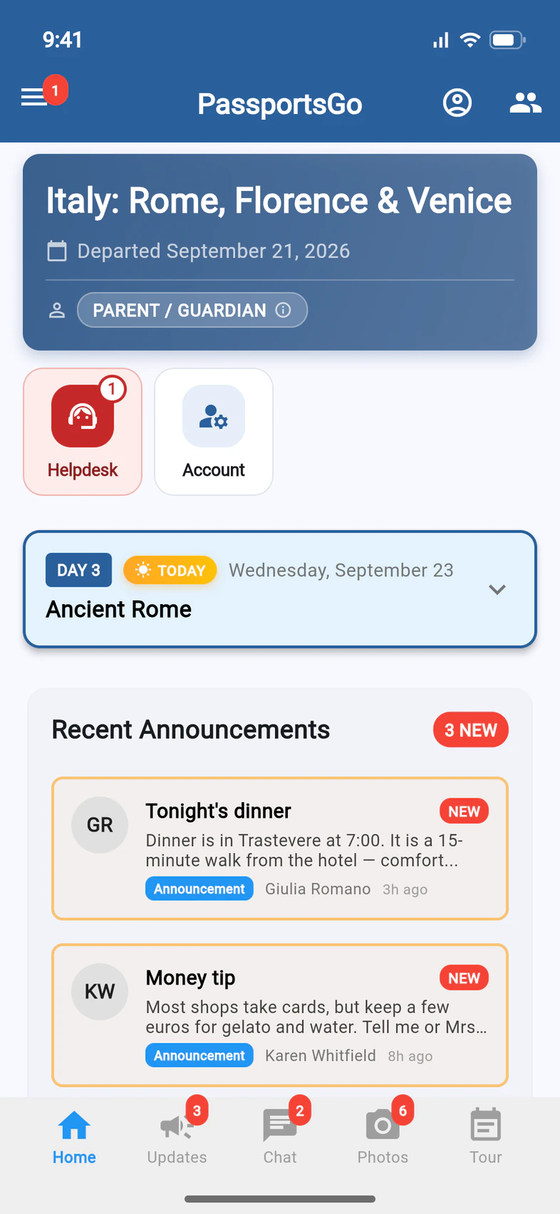 Home for a parent: the tour card with a Parent / Guardian chip, Helpdesk and Account tiles, today's plan, and the tabs Home, Updates, Chat, Photos and Tour